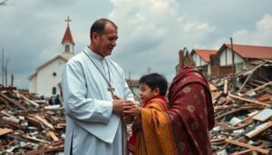 Create an image of a Catholic relief worker comforting a family amidst the ruins of a natural disaster, with a backdrop of a church and a sense of hope and resilience.