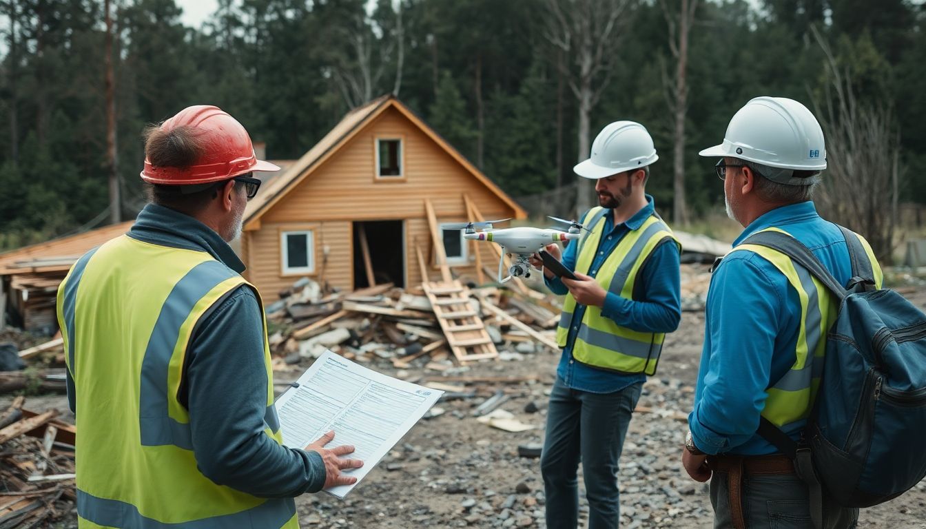 Depict an insurance claims team assessing damage at a site affected by a natural disaster, with tools like drones and satellite imagery.