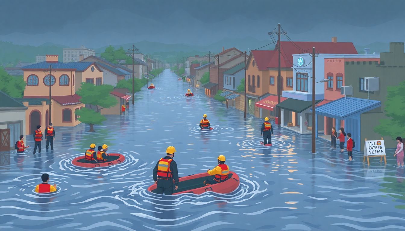 Illustrate a scene of a flooded urban area with rescue teams and affected civilians, highlighting the devastating impact of floods.