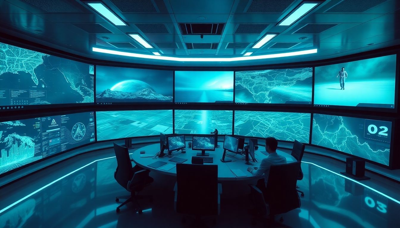 Create a futuristic image of a control room where insurers use advanced technology to monitor and respond to natural disasters in real-time.