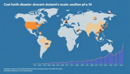 Create an image of a global map highlighting areas affected by recent natural disasters, with icons representing different types of disasters such as floods, wildfires, and hurricanes. Include a graph showing the rising cost of natural disasters to the insurance industry over the years.