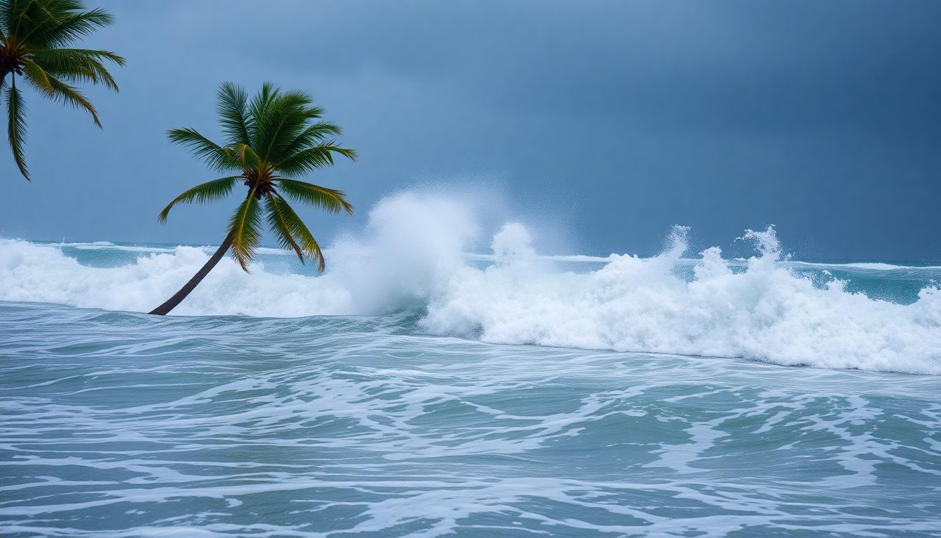 Create an image of Hurricane Beryl making landfall on the Gulf coast of the US, with waves crashing and strong winds bending palm trees.