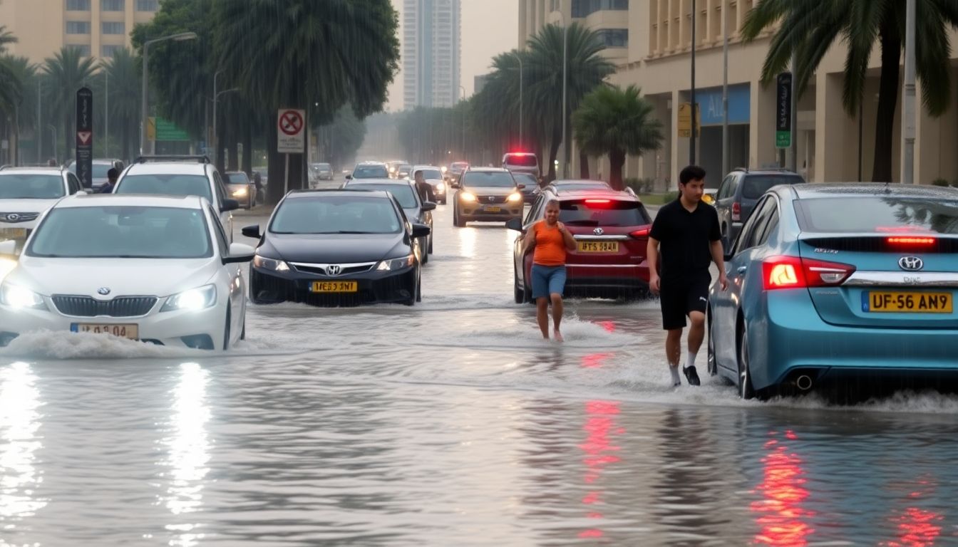 Generate an image of a flooded street in Dubai, with submerged cars and people wading through ankle-deep water, while a heavy downpour continues.
