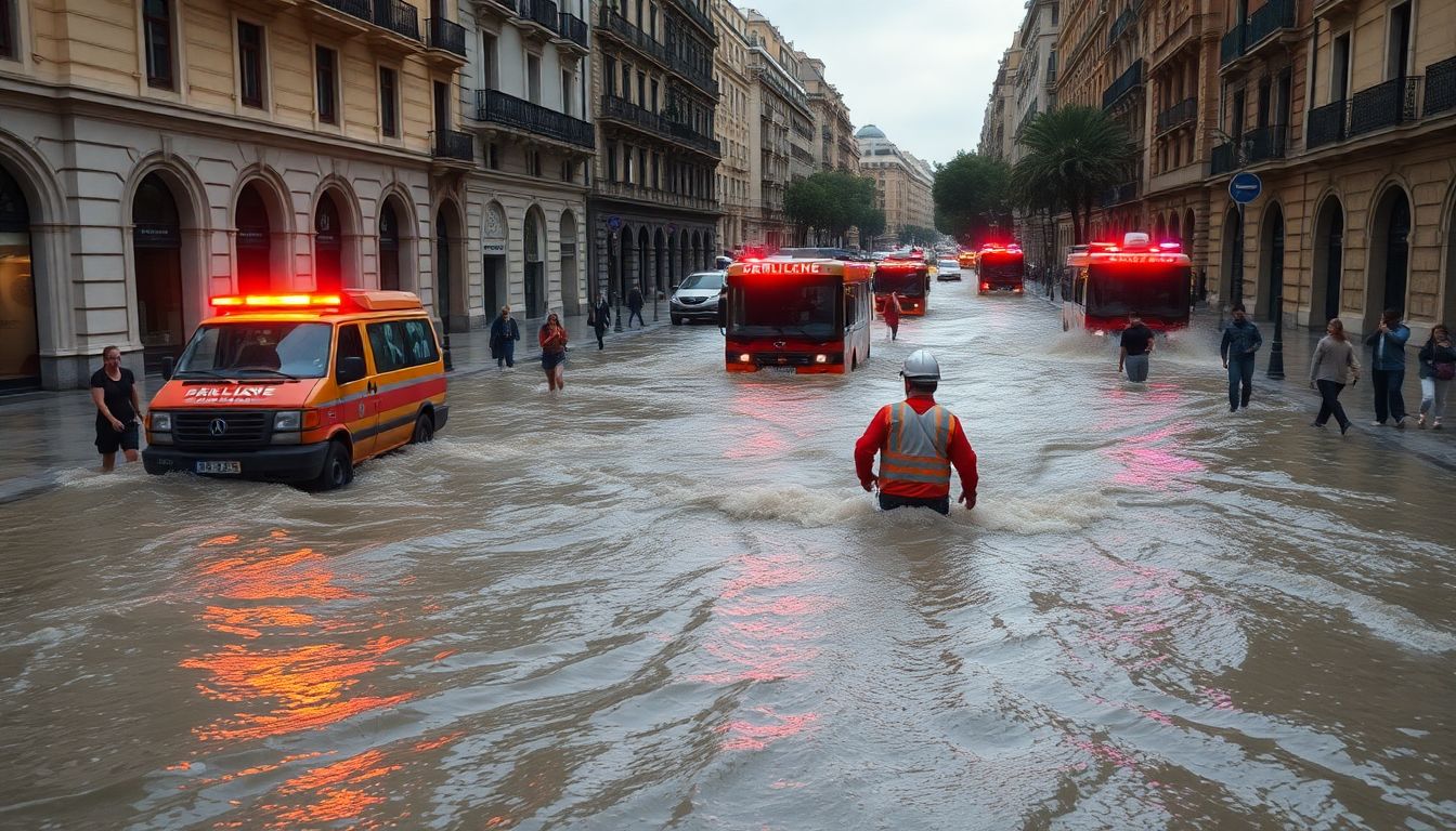 Create an image of floodwaters rushing through the streets of Valencia, with people wading through waist-deep water and emergency services conducting rescue operations.