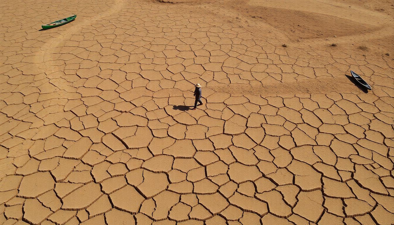 Generate an image of a dried-up riverbed in Brazil, with cracked earth and a lone fisherman pushing his canoe through the drought-stricken landscape.