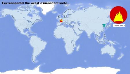 Generate an image of a global map highlighting the locations of the extreme weather events mentioned in the article, with icons representing different types of events such as hurricanes, wildfires, and floods.