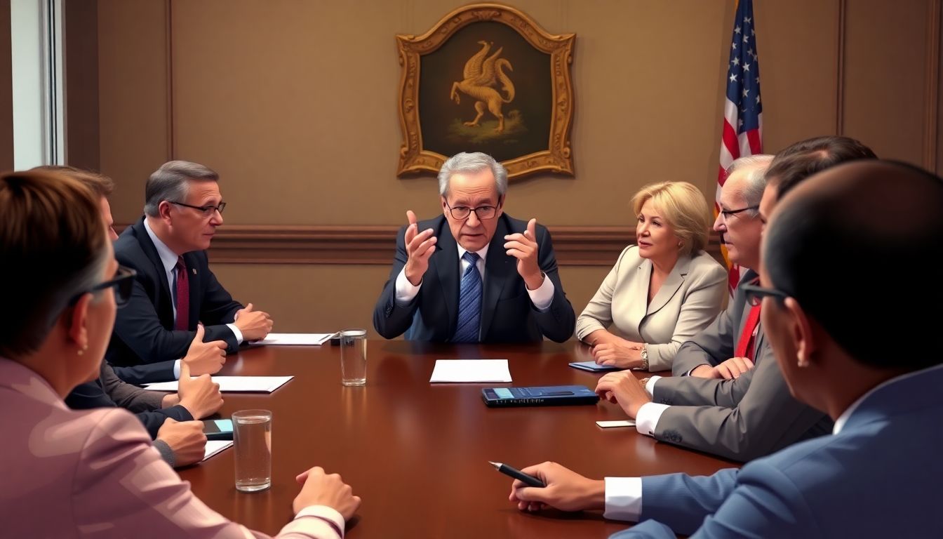 Depict Schumer in a meeting with diverse political figures, emphasizing unity and collaboration.