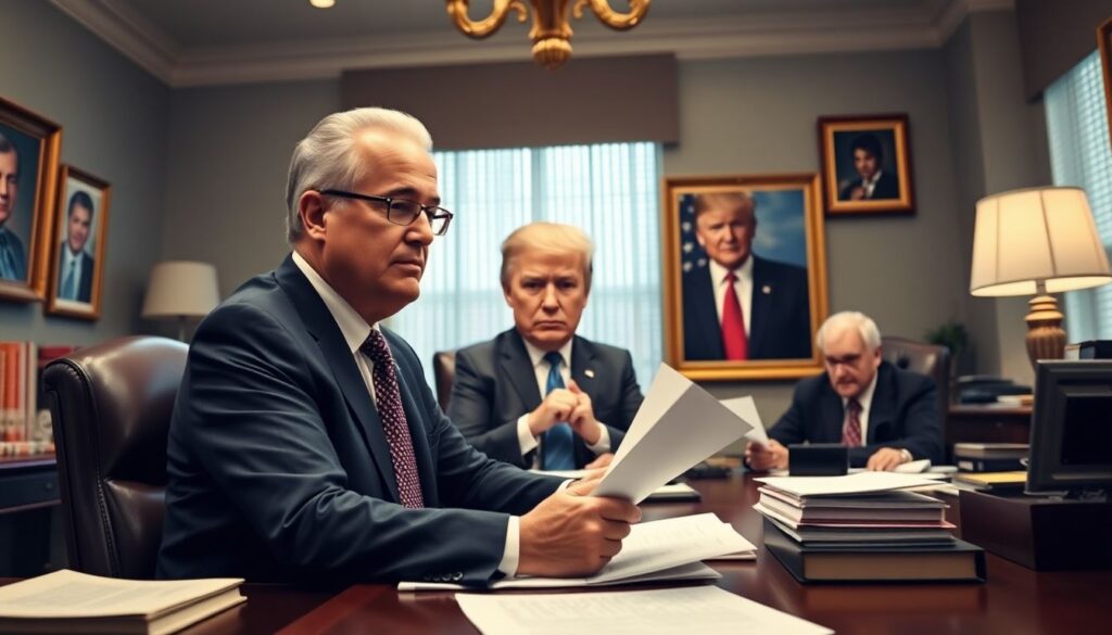 Create an engaging image that depicts Chuck Schumer strategizing in his office, surrounded by documents and advisors, with a prominent photo of Donald Trump in the background.