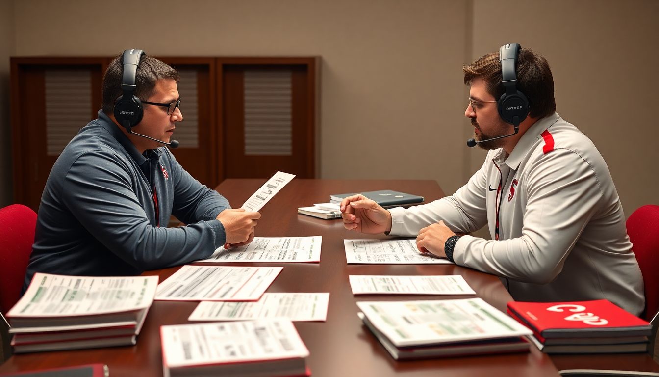 Create an image of coaches Marcus Freeman and Kirby Smart in a intense discussion, with game plans and playbooks spread out on a table between them.