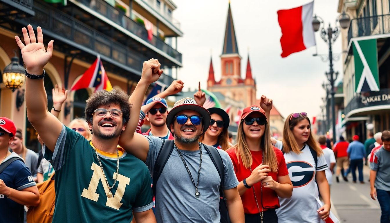 Create an image of enthusiastic Notre Dame and Georgia fans enjoying the sights and sounds of New Orleans, with the city's iconic landmarks and vibrant street scenes.