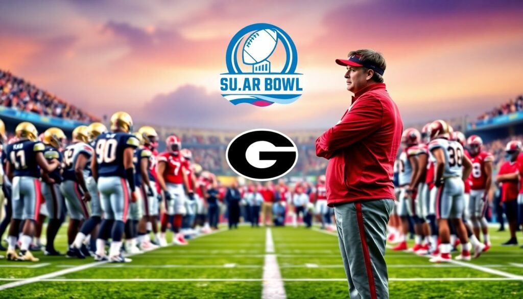 Create an image of the Notre Dame and Georgia football teams facing off on the field, with coaches Marcus Freeman and Kirby Smart standing on the sidelines, deep in thought. The background should feature the vibrant city of New Orleans, with the Sugar Bowl logo prominently displayed.