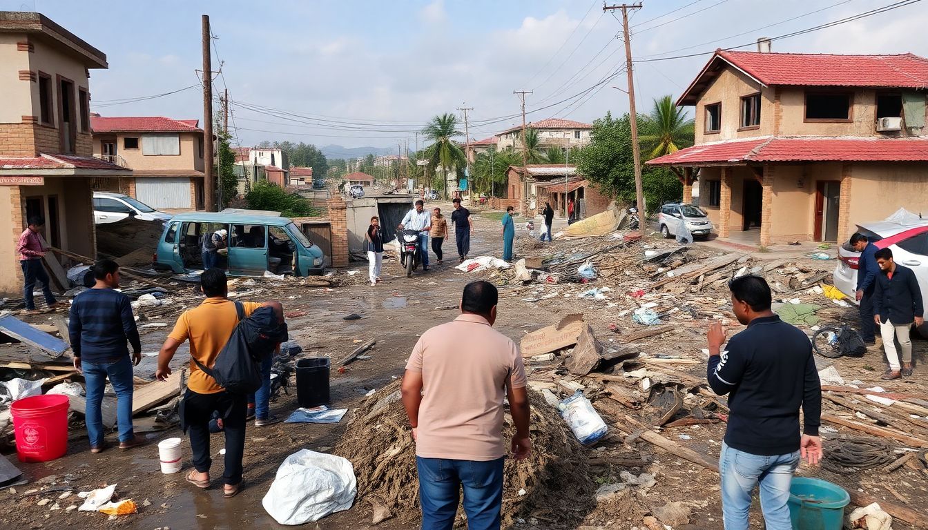 Depict the aftermath of the chaos with images of cleanup efforts, damaged areas, and people helping each other.