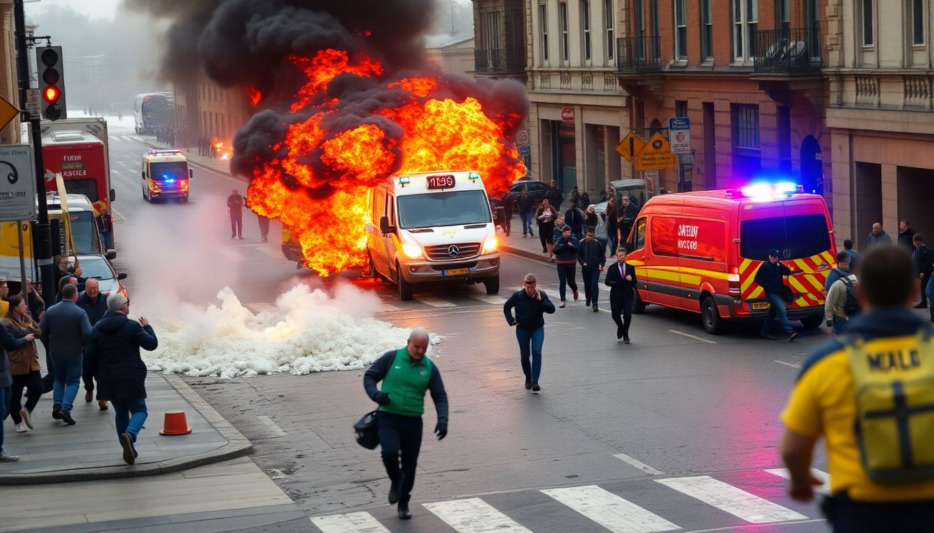 Create an image of the initial incidents causing chaos, with people running and emergency vehicles arriving.