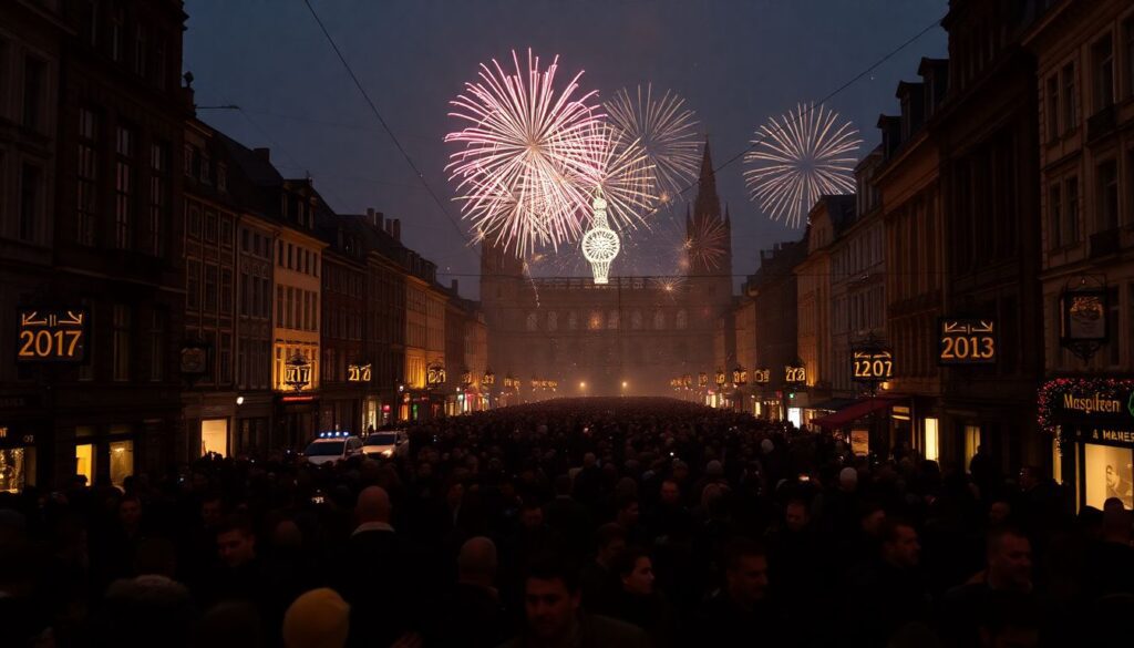 Generate an image of Brussels on New Year’s Eve with crowds of people, fireworks, and a sense of chaos and uncertainty.