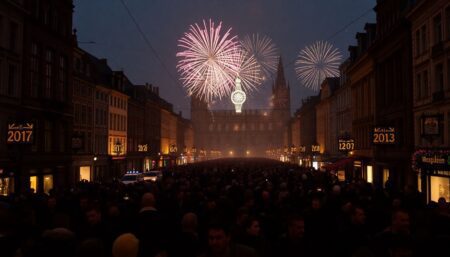 Generate an image of Brussels on New Year’s Eve with crowds of people, fireworks, and a sense of chaos and uncertainty.