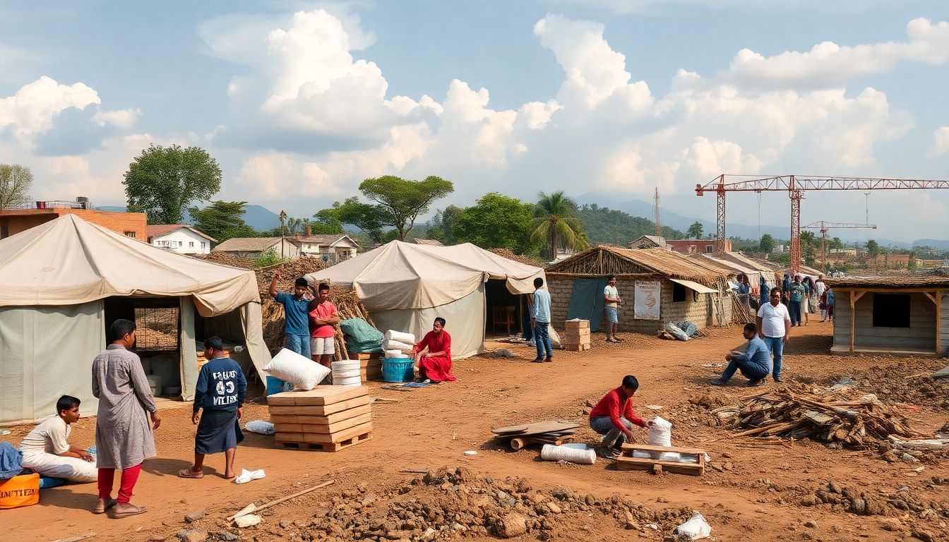 Generate an image of relief efforts, showing volunteers distributing aid, temporary shelters, and reconstruction work in progress.