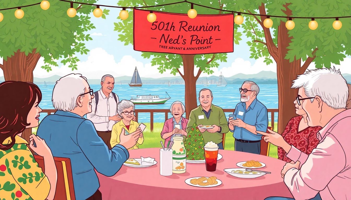 Illustrate a lively reunion scene at Ned’s Point, with alumni sharing stories, enjoying food, and celebrating the 50th anniversary.