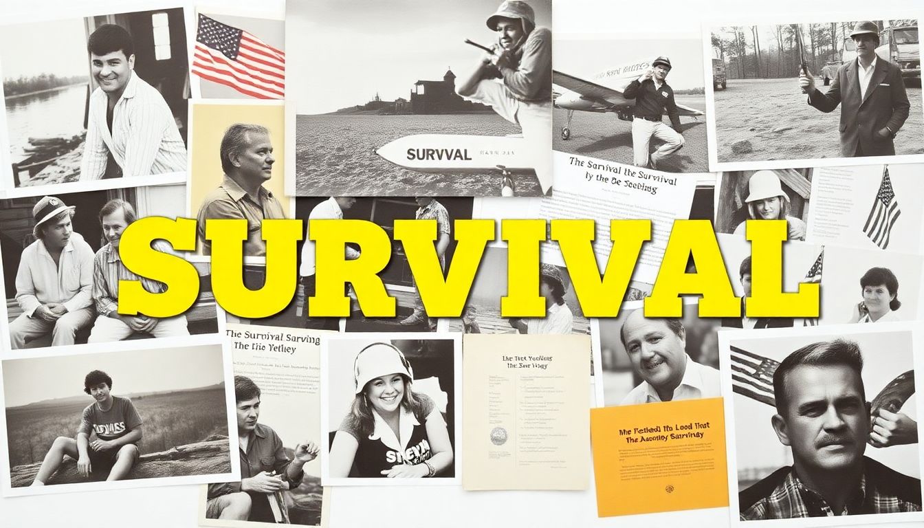 Create a collage of photos and memorabilia from different decades of the Survival program, capturing the essence of its evolution.