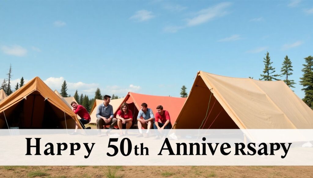 Create an engaging image of a vintage camping scene with students and tents, embodying the spirit of adventure and camaraderie, with a celebratory banner for the 50th anniversary.