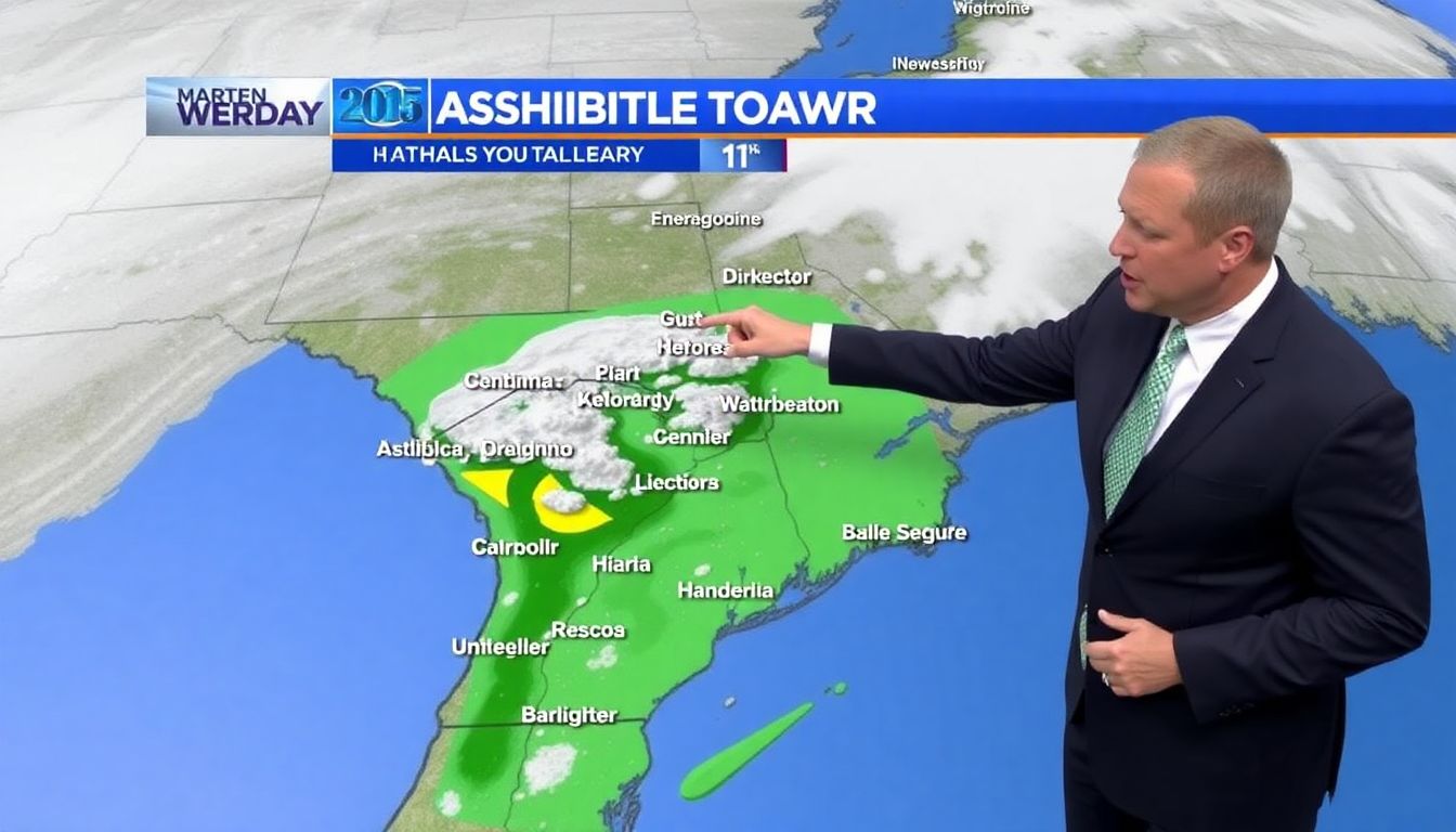 A meteorologist pointing at a weather map showing heavy snowfall over Ashtabula County.