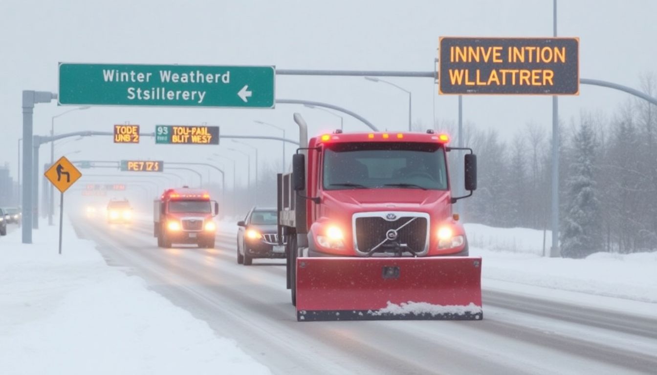 Snowplows clearing roads and traffic signs displaying winter weather advisories.