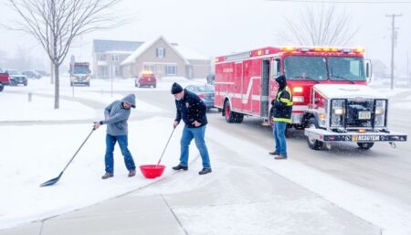 Generate an image of Ashtabula County under heavy snowfall, with residents shoveling driveways and officials coordinating emergency responses.