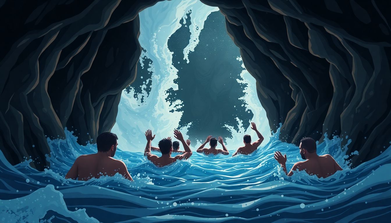 Illustrate a dramatic scene of people swimming through a cave tunnel as water rushes in, symbolizing the extraordinary and harrowing experiences shared in the documentary.