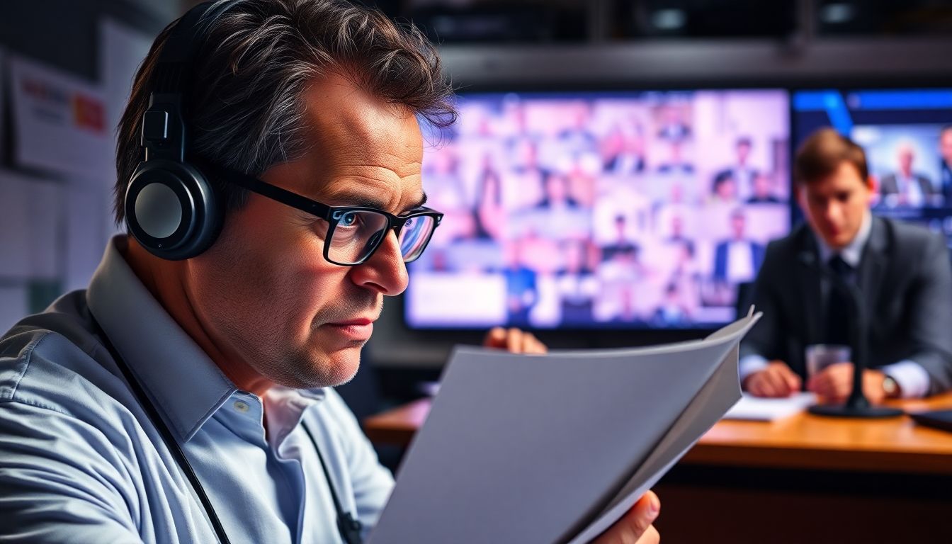 Design an image of a seismologist studying readings with a sense of urgency, while a news editor is seen frantically working in the background, capturing the tension and immediacy of the event.