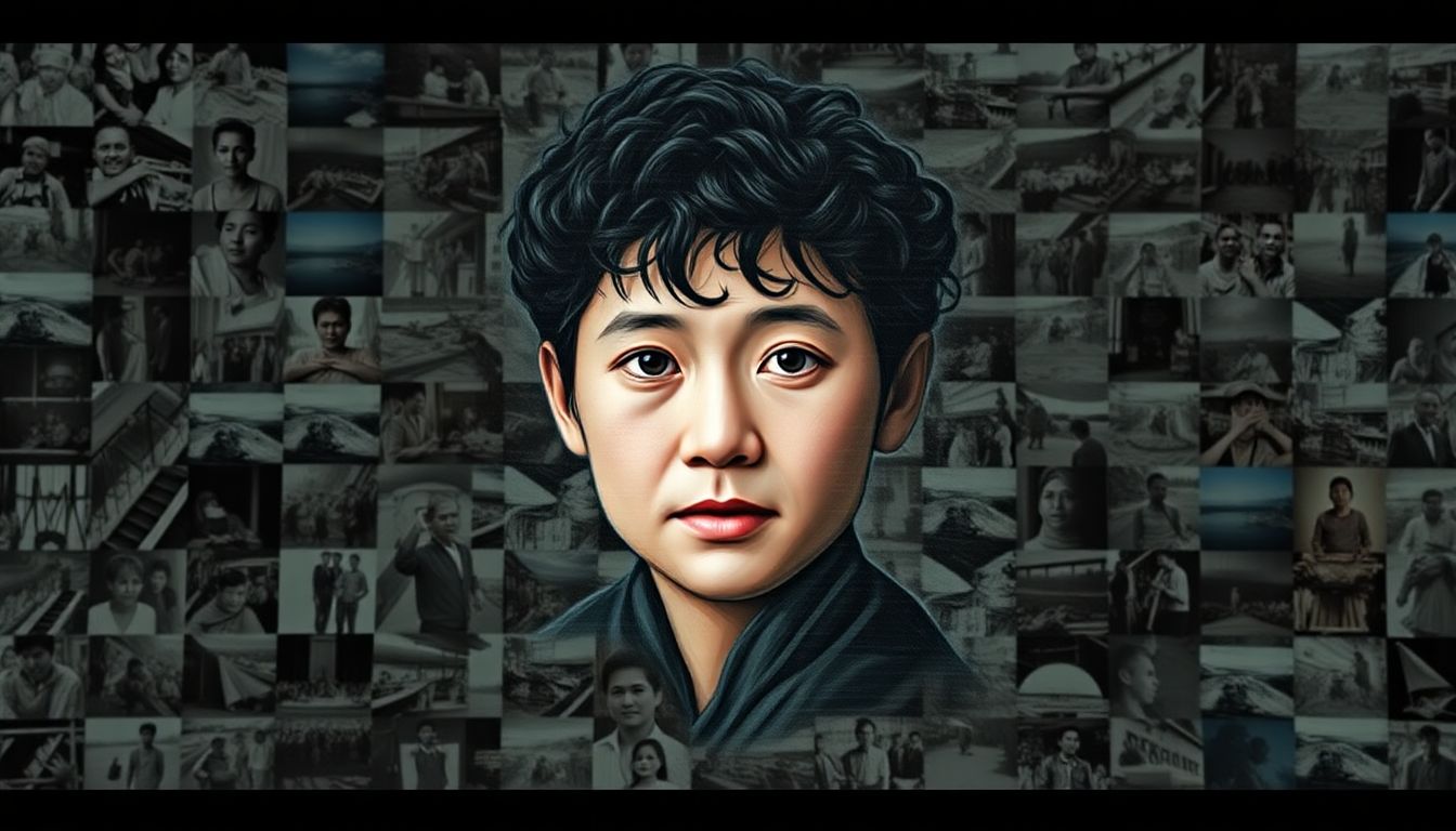 Illustrate a collage of grainy, chaotic images from the tsunami, with a survivor's face superimposed, symbolizing the blend of past and present in the documentary.