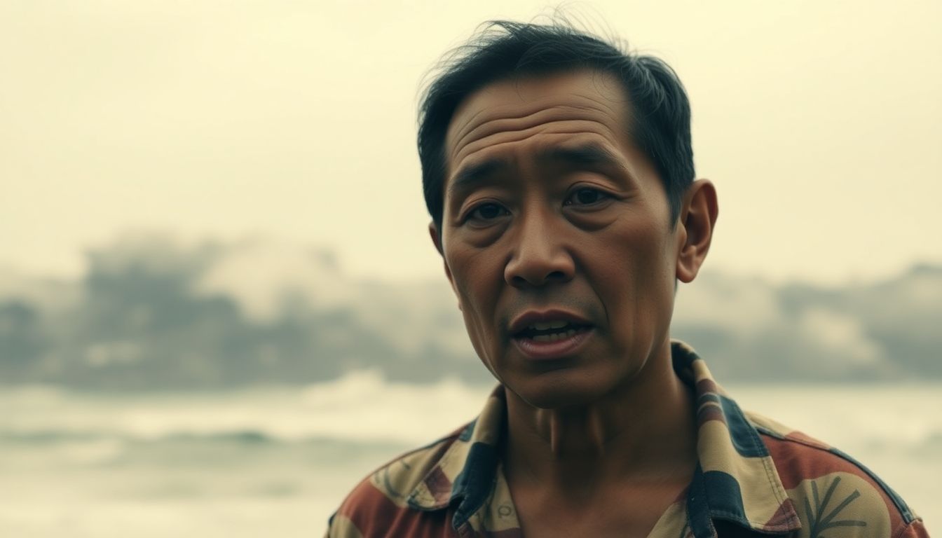 Create an image of a survivor speaking to the camera, with a ghostly, grainy image of the tsunami chaos behind them, representing the documentary's storytelling techniques.