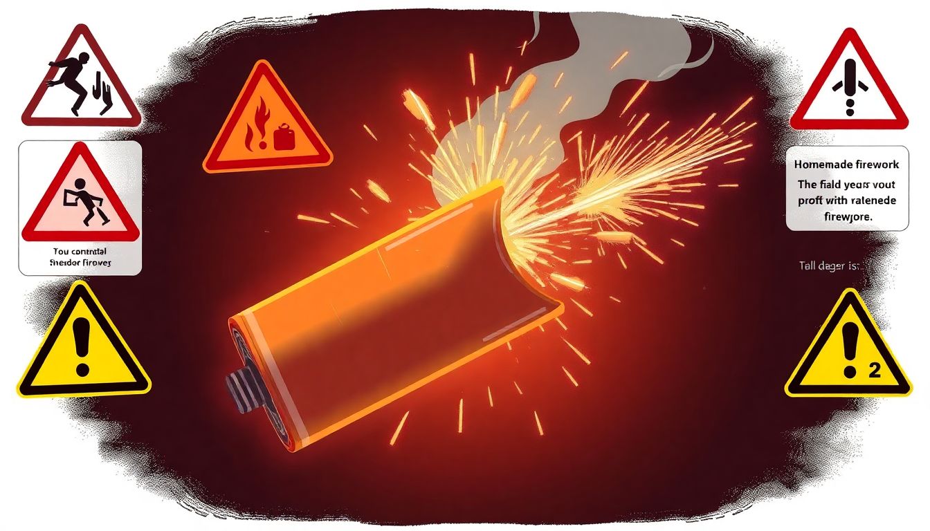 Illustrate a close-up of a homemade firework, surrounded by warning signs and symbols of danger.
