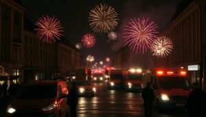 Generate an image of a chaotic New Year's Eve scene in Germany with fireworks exploding in the streets, emergency services responding, and a somber atmosphere reflecting the tragic events.