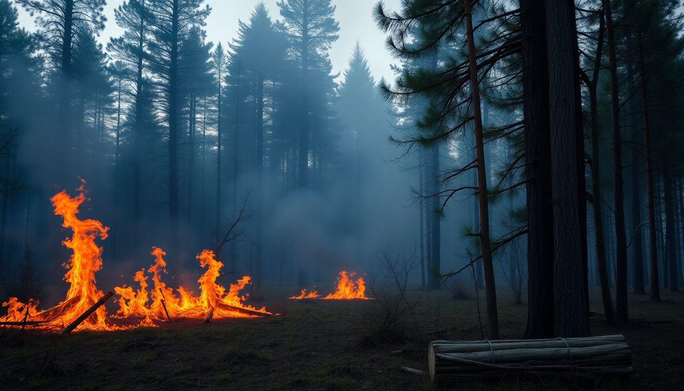 Create an image of forest management techniques in action, such as prescribed burning and native tree planting.