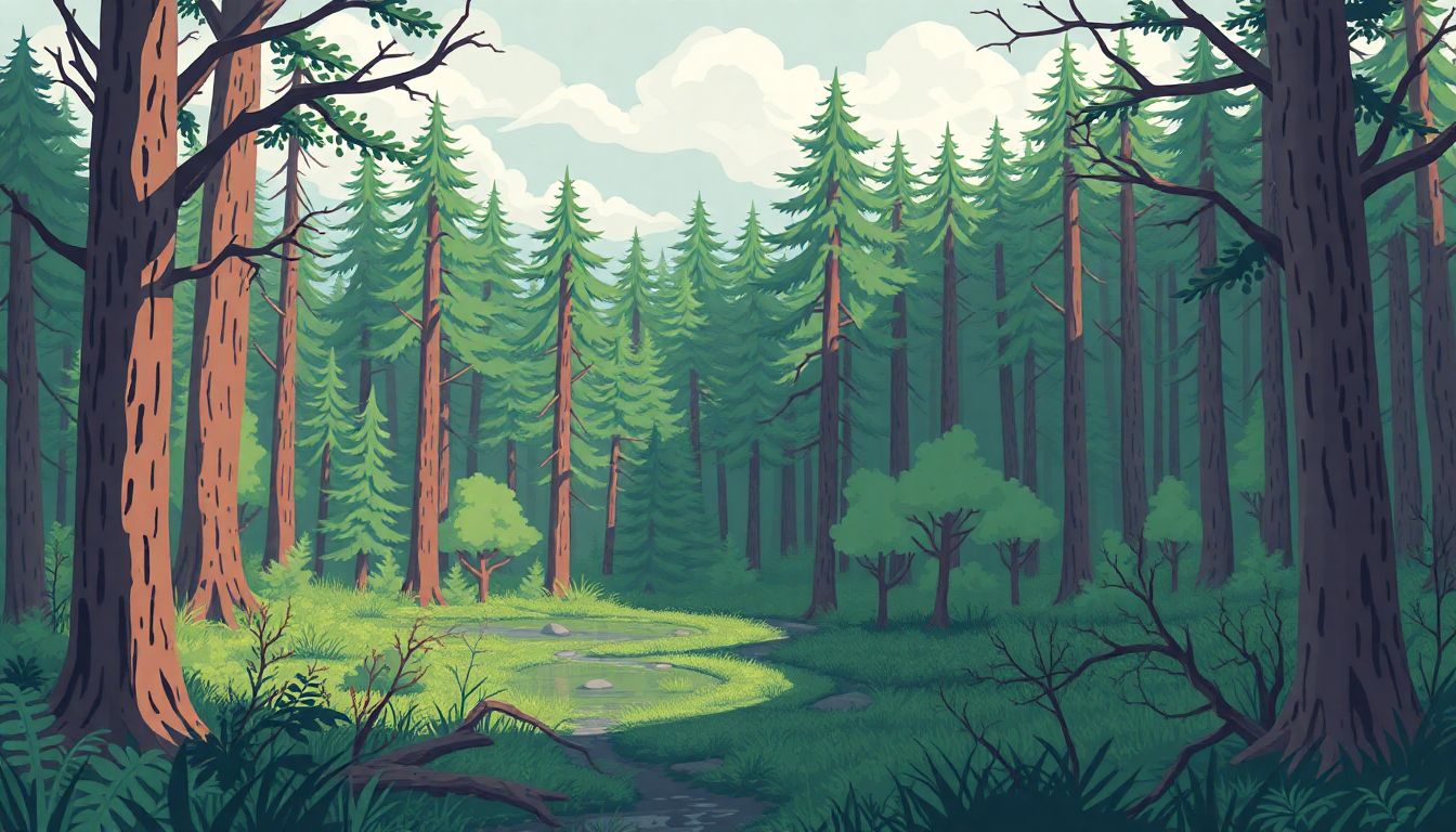 Illustrate a forest undergoing changes due to climate change, with shifting weather patterns and struggling vegetation.