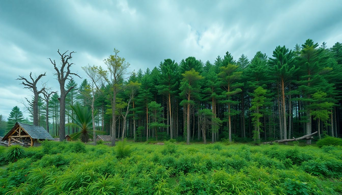 Create an image showcasing a time-lapse of a forest recovering from a storm, from damaged trees to a thriving ecosystem.