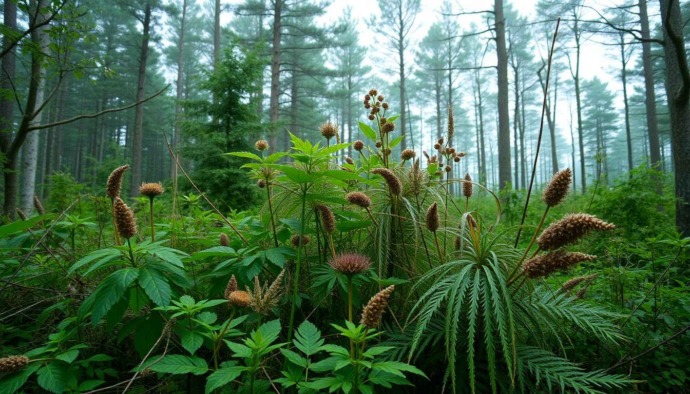 Generate an image of a struggle between native and invasive plant species in a post-storm forest environment.