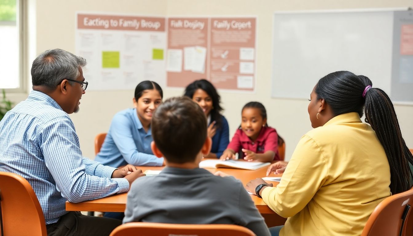 Depict a family readiness group meeting, with members engaged in discussion and planning activities.