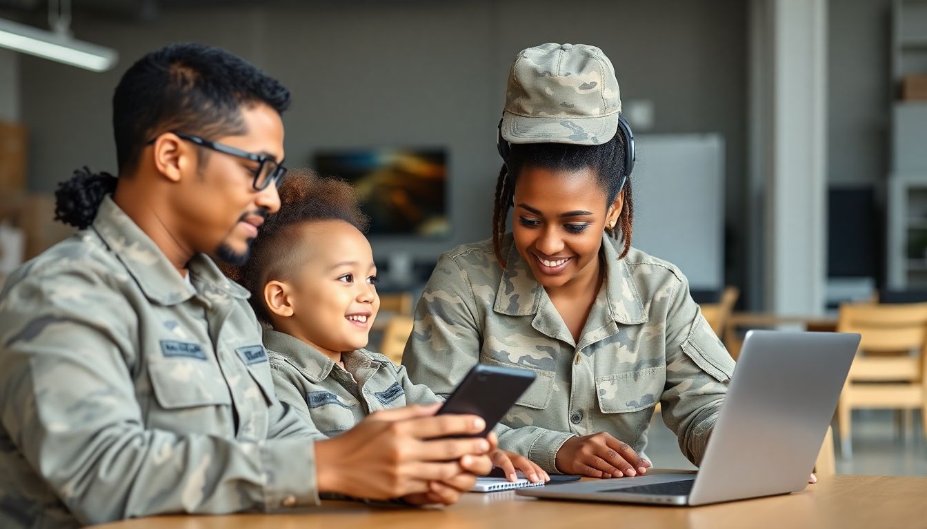 Create an image of a modern military family receiving training and support, with a focus on technology and diverse participation.