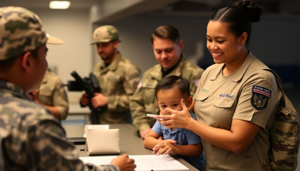 Create an image that depicts Air Force families receiving training and support, with a backdrop of military personnel in action, symbolizing preparedness and unity.