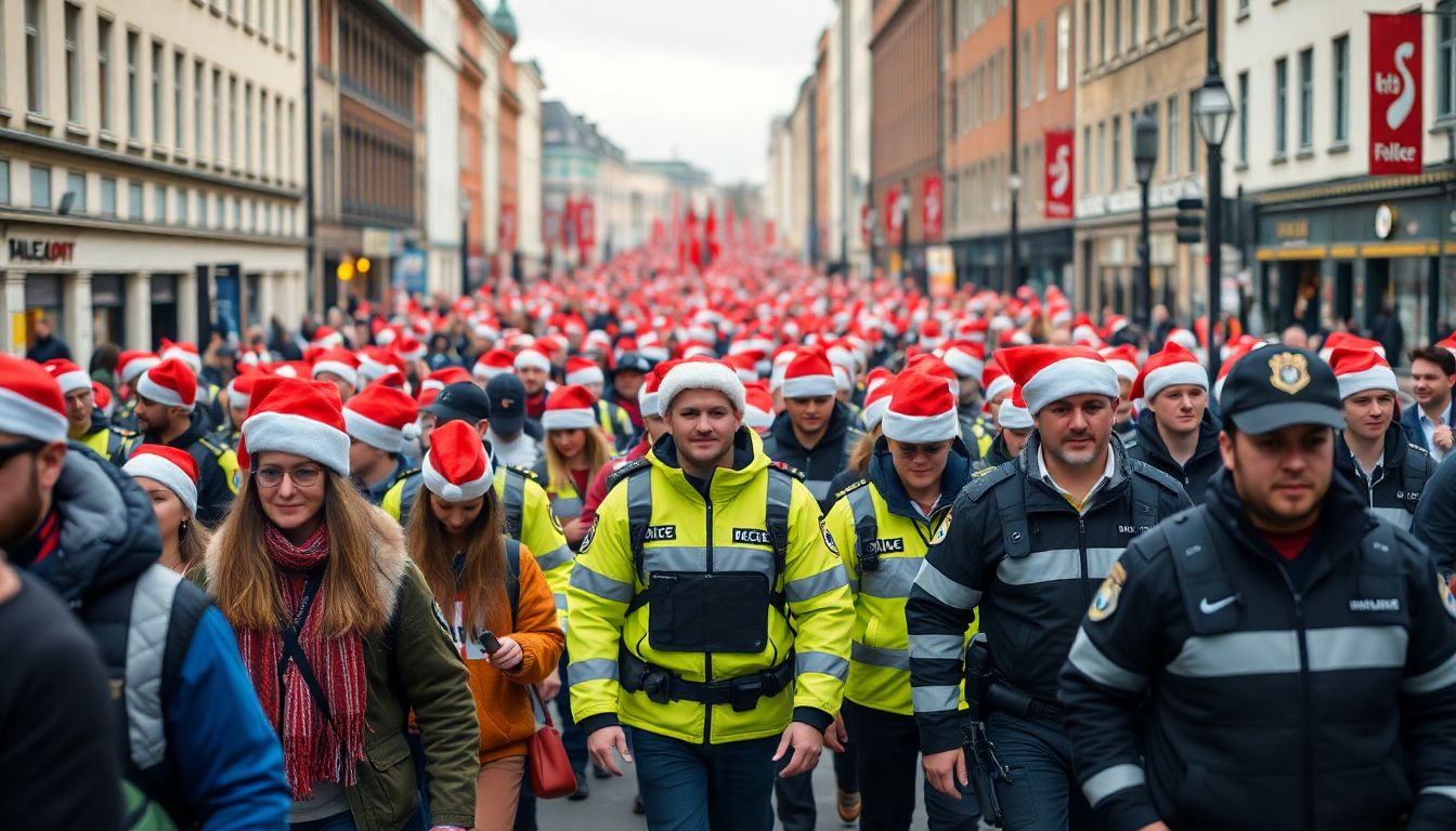 Generate an image of a large group of football fans, some wearing Santa hats, walking through the city center escorted by police.