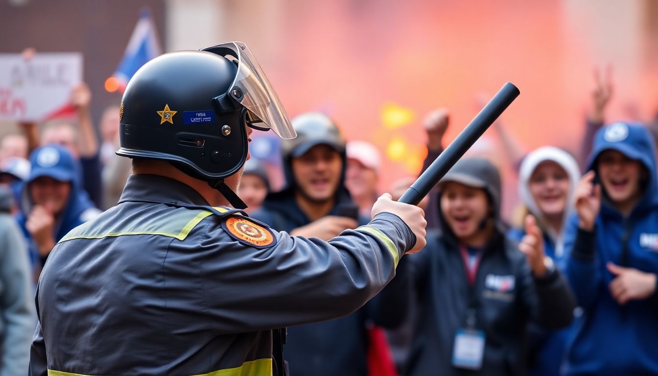 Generate an image of a police officer using a baton on a group of fans.