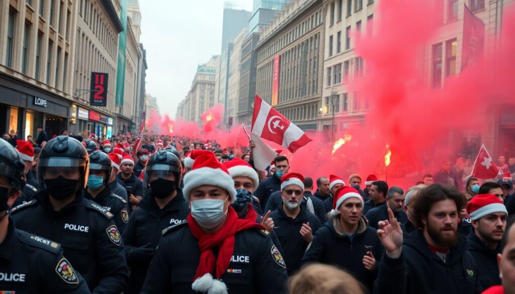 Generate an image of a bustling city center with police officers and football fans, some wearing Santa hats and face coverings, amidst a chaotic scene with flares and smoke.