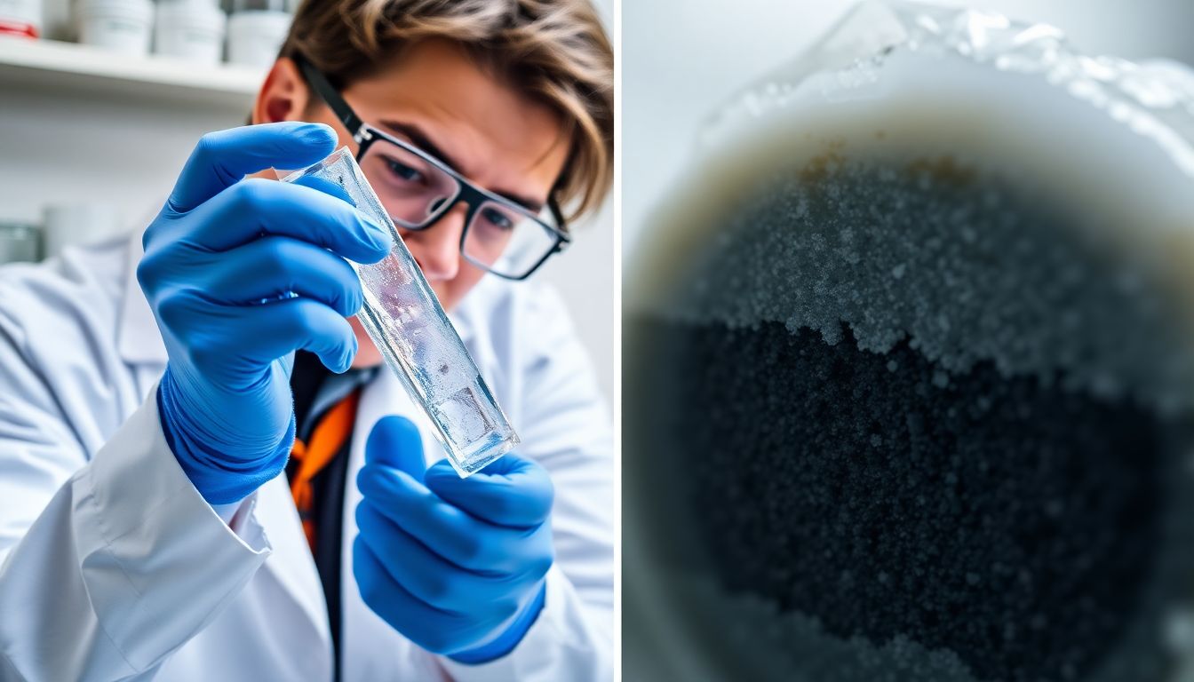 A scientist examining an ice core sample in a lab, with a close-up of the layers revealing volcanic ash.