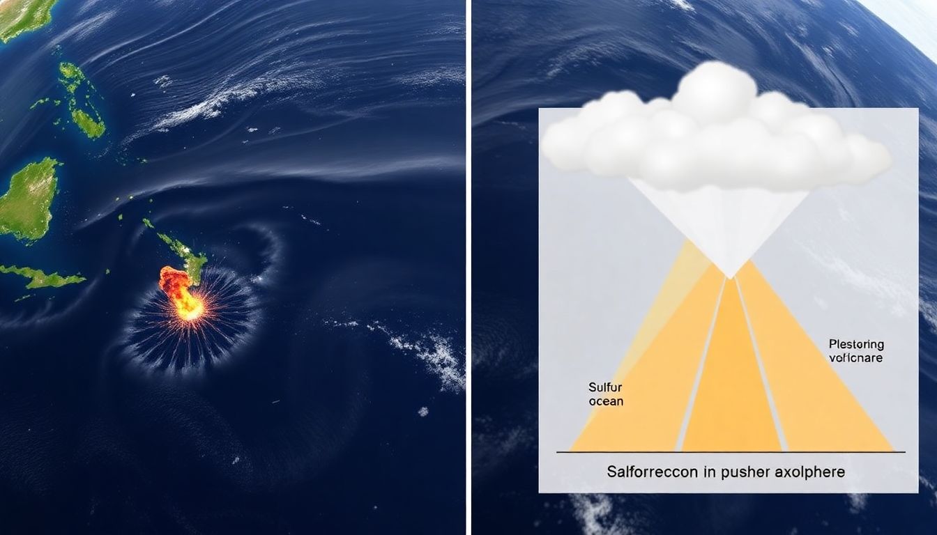 A satellite image of the Pacific Ocean with a volcano erupting, and a diagram showing the spread of sulfur aerosols in the atmosphere.