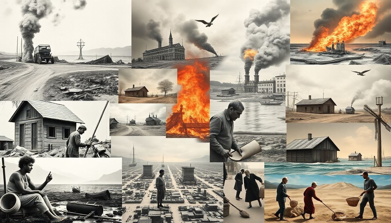 A montage of historical photographs and illustrations showing the impact of the climate disaster on different regions and societies.