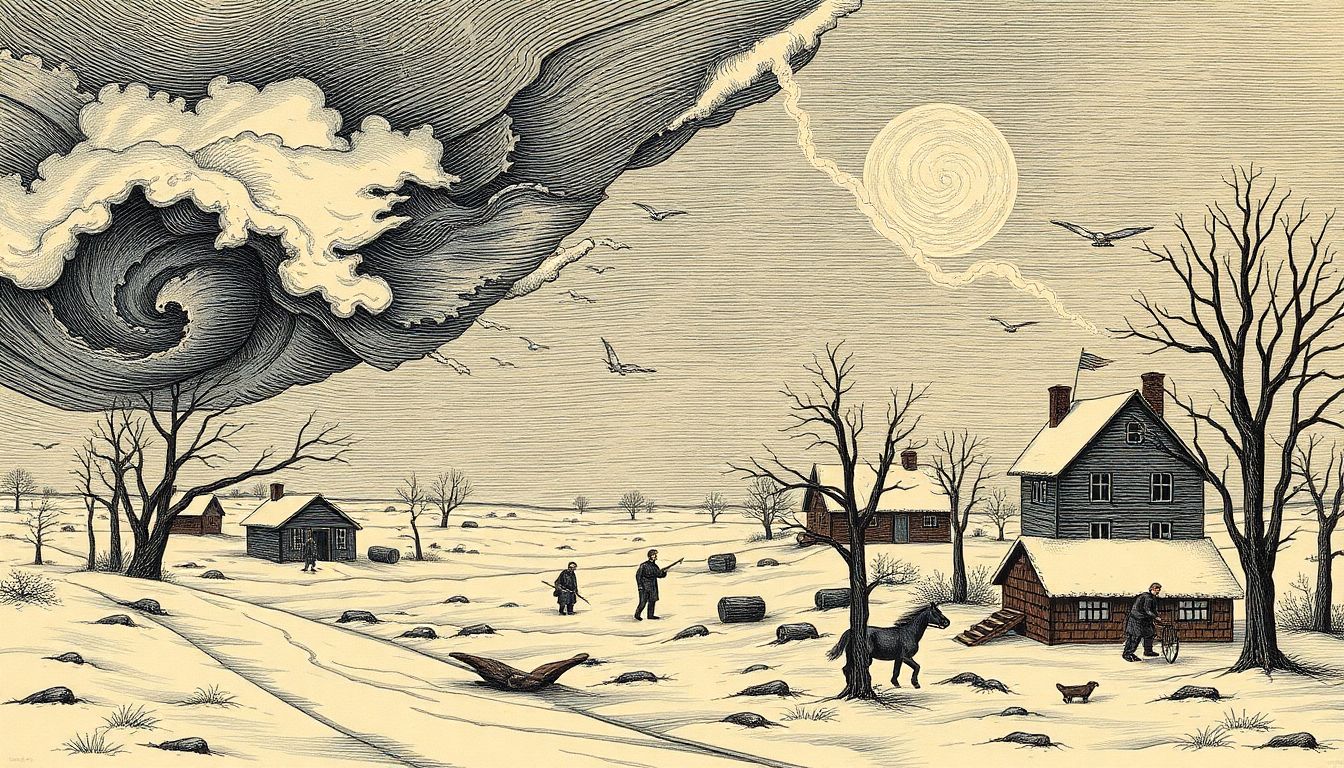 A historical illustration of extreme weather events in the 19th century, such as severe storms and unusually cold winters.