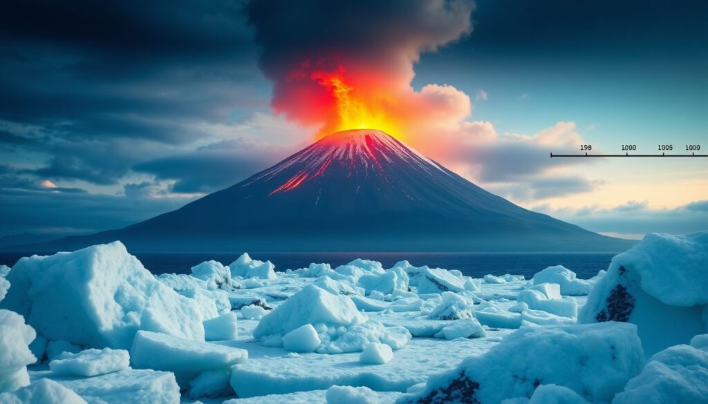 Create an image of a dramatic volcanic eruption in the Pacific, with ice cores in the foreground, and a timeline of the 19th century in the background.