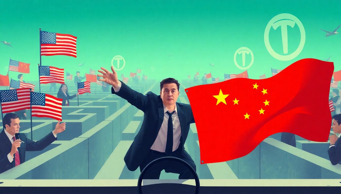 A dramatic illustration of Musk navigating a maze of political and economic challenges, with symbols of US-China relations and corporate logos looming in the background.