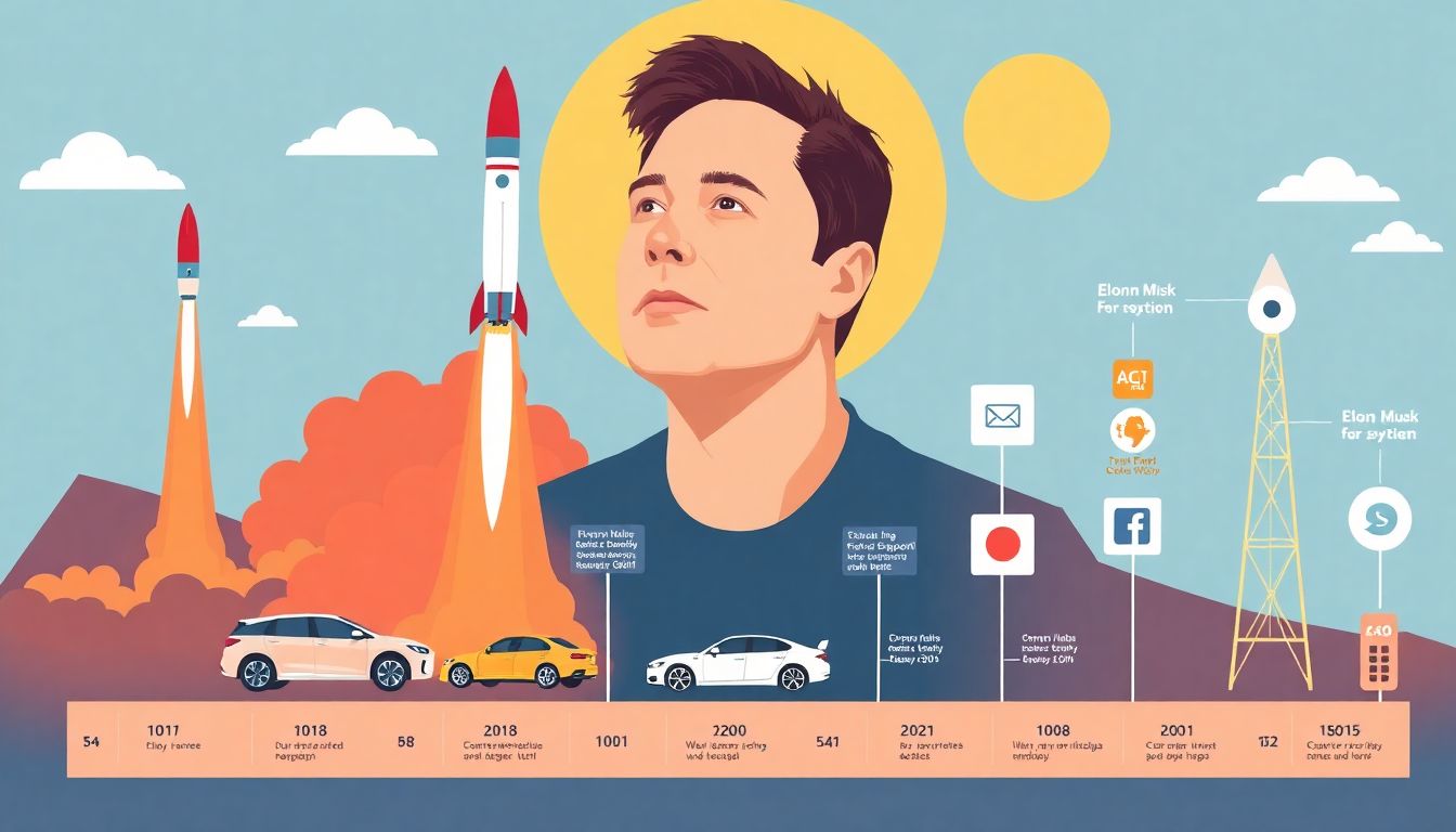 An illustration of Elon Musk's key achievements, including a rocket launch, electric cars, digital payment systems, and social media icons, all integrated into a timeline of his life.