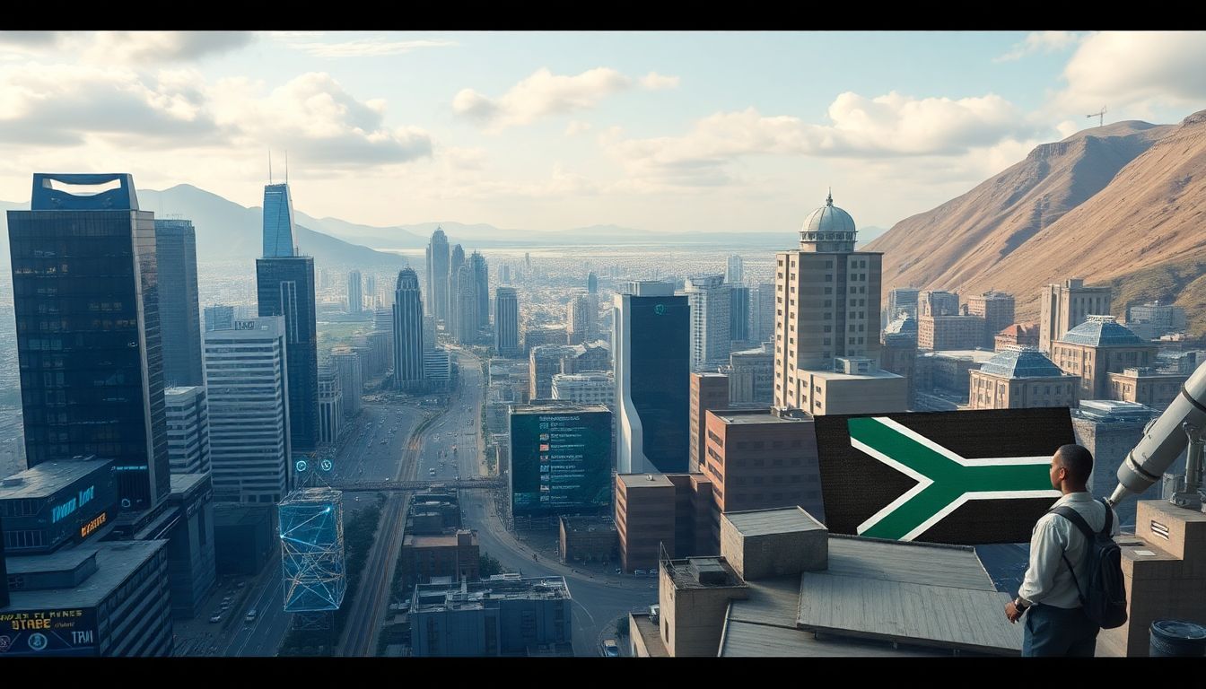 A conceptual image of a futuristic cityscape with advanced technology and AI integrated into daily life, juxtaposed with historical images of Apartheid South Africa.